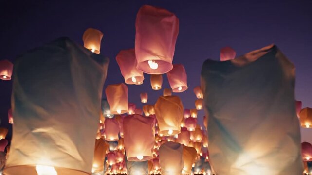 Numerous glowing sky lanterns released into dark night sky