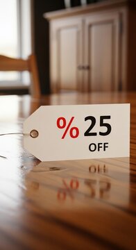 Twenty-five percent off sale tag on a polished wooden surface.