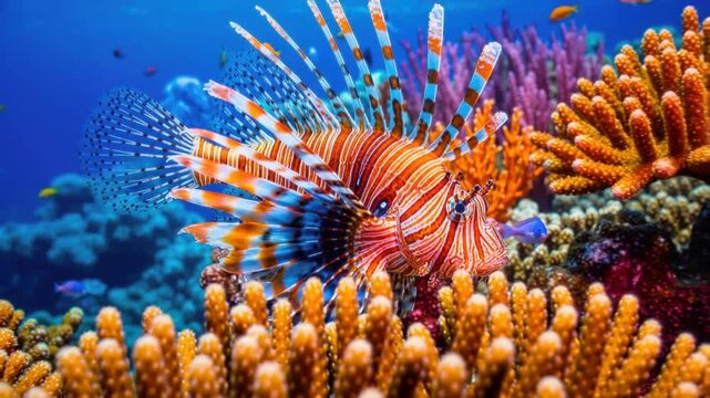 Colorful lionfish swimming over vibrant coral reef in clear blue tropical ocean underwater scene