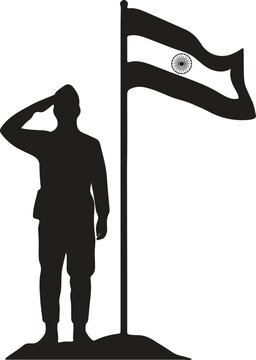 Indian Independence Day Soldier Saluting National Flag Silhouette Minimalist Patriotic Vector Illustration for Freedom Celebration