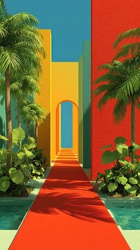 Red carpeted walkway leading to a colorful building