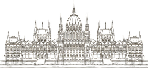 Obraz premium Hungarian Parliament building vector line art drawing architectural elevation sketch of famous Budapest landmark in gothic revival style