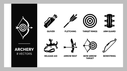 Naklejka premium Black and white archery equipment icon set including bow, arrow, target, quiver, and arm guard vectors