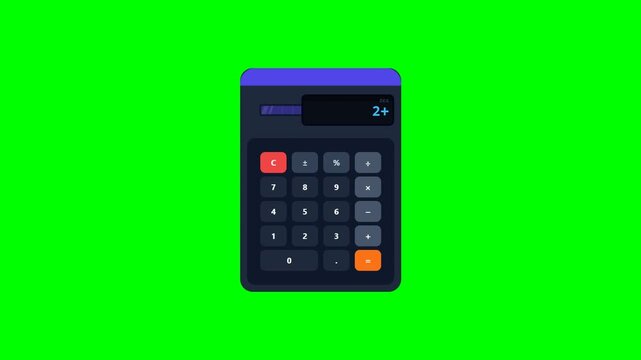 Video close up of a portable calculator on bright green screen.