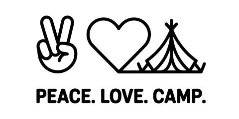 Peace love and camp text design with icons of a victory hand sign a heart and a camping tent for outdoor adventure and travel enthusiasts Vector, illustration © Continues One Line D
