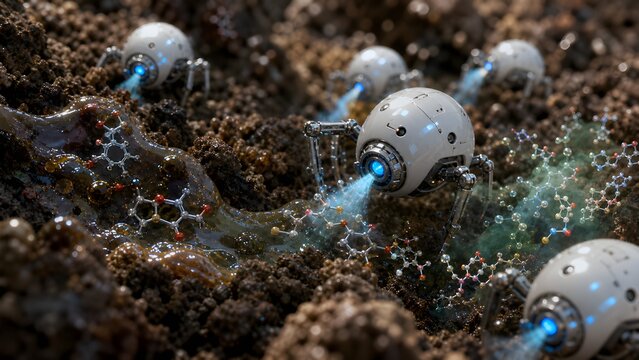 Futuristic nanobots actively catalyzing chemical reactions to degrade soil pollutants and successfully transforming hazardous environmental chemicals into harmless compounds