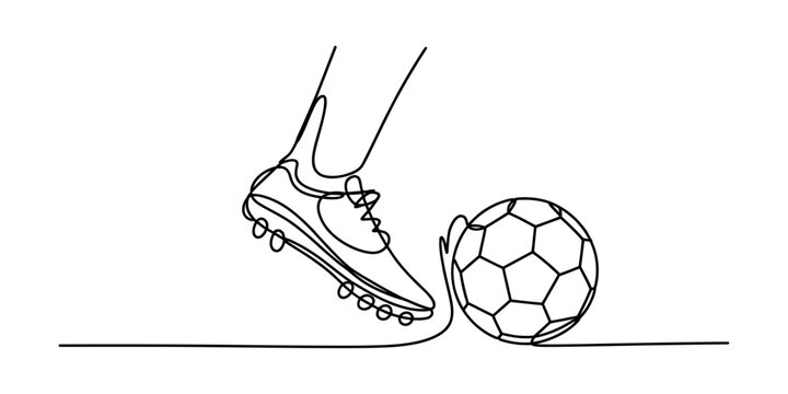 Continuous single line drawing of a soccer player foot wearing a cleat shoe kicking a football ball during a match game on the field pitch Vector, illustration