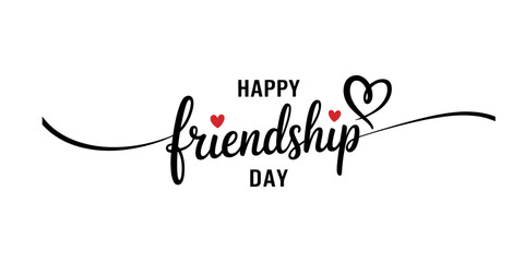 Happy friendship day hand written calligraphy text with red hearts and a decorative flourish line for greeting cards and social media design Vector, illustration © Continues One Line D