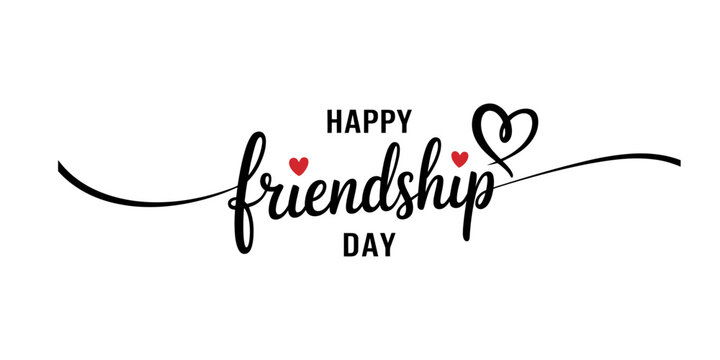 Happy friendship day hand written calligraphy text with red hearts and a decorative flourish line for greeting cards and social media design Vector, illustration