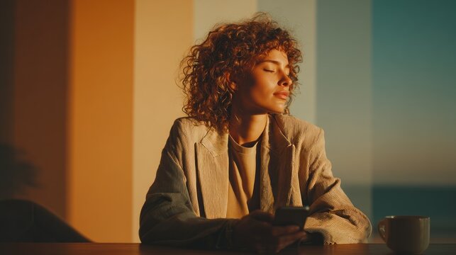 Woman sitting at a table with a cup of coffee