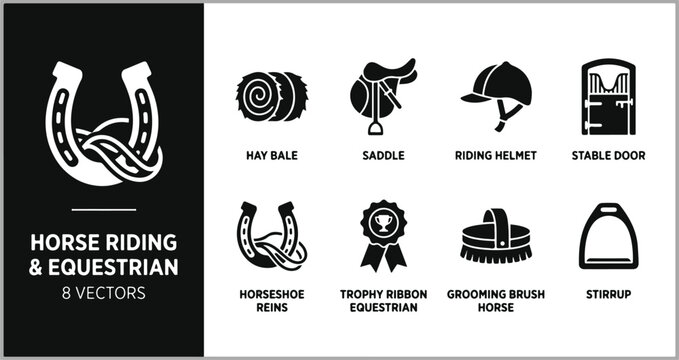 Flat equestrian gear icons featuring saddle, riding helmet, stable door, horseshoe, and stirrup for horse care and ranch sports
