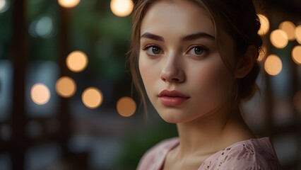 Fototapeta premium Close up portrait of a charming young woman with golden bokeh lights in the night background