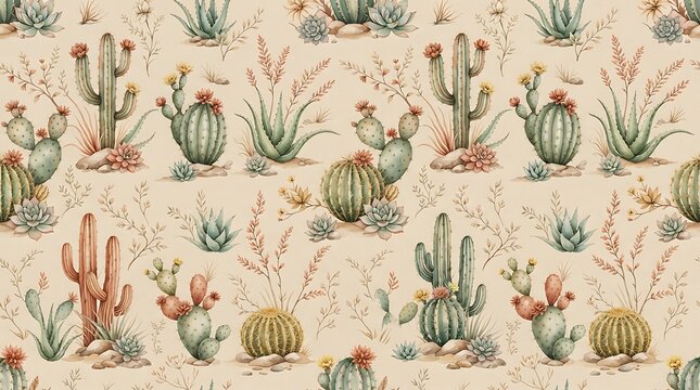 Seamless pattern with watercolor desert cacti and succulents