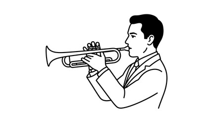Elegant Black and White Line Drawing of a Man Playing a Trumpet with Formal Attire with high quality professional line art symbols for modern creative design and digital branding projects © bayu