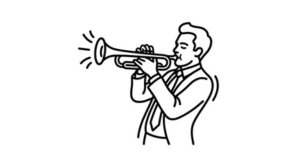 Minimalist Black and White Line Drawing of a Person Playing a Trumpet with Musical Notes Emitting © bayu