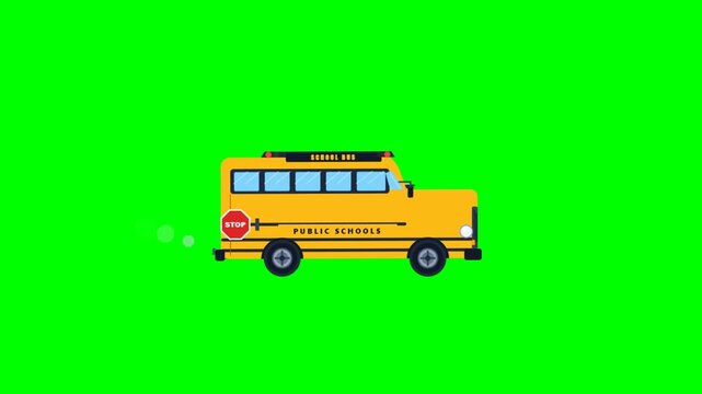 Animated yellow school bus on green screen background video.