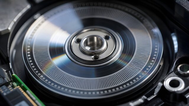 Close up macro shot of a precision servo motor encoder disk, showing the intricately etched fine lines and optical slots used for accurate rotational position sensing and feedback control