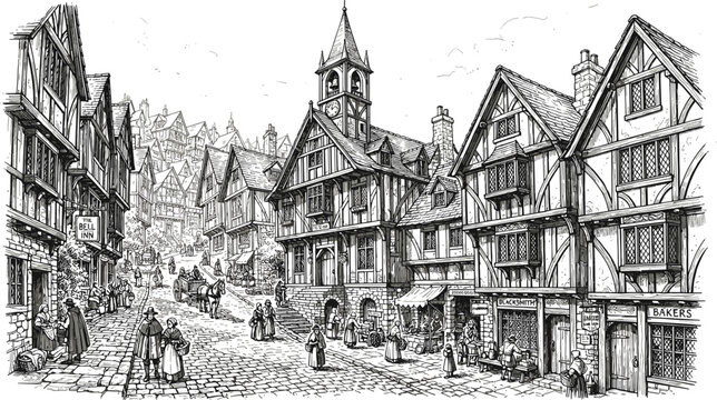 Medieval town street scene line art illustration featuring traditional tudor half timbered houses clock tower and villagers walking on cobblestone