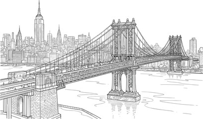 Obraz premium Manhattan Bridge and New York City skyline architectural vector line art sketch featuring the Empire State Building and East River