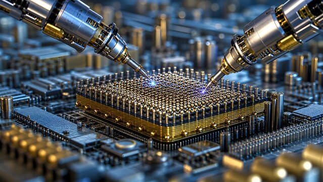 Nanobots executing atomically precise manufacturing by assembling nanoscale structures with extreme atomic precision, constructing functional components layer by layer via advanced fabrication