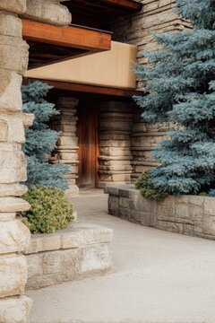 A serene pathway meanders towards a charming doorway, flanked by sturdy stone walls and vibrant blue trees, all bathed in warm daylight
