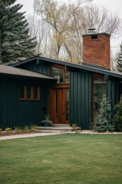 A house featuring a dark exterior complemented by expansive windows stands prominently against the backdrop of a cloudy sky