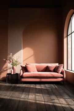 The contemporary living room features a stylish pink sofa, vibrant flowers adorning the space, and a generous window that floods the area with natural sunlight throughout the day