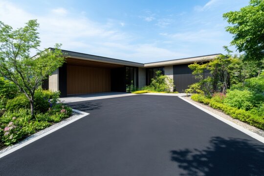 A contemporary house surrounded by vibrant, lush landscaping in a picturesque suburban neighborhood, all illuminated by bright daylight