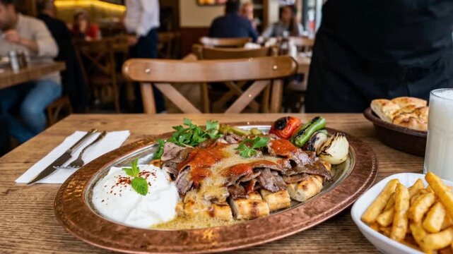 A traditional Turkish Iskender kebab served with sliced d&ouml;ner meat, yogurt, tomato sauce, and pita bread, presented as an authentic regional dish.