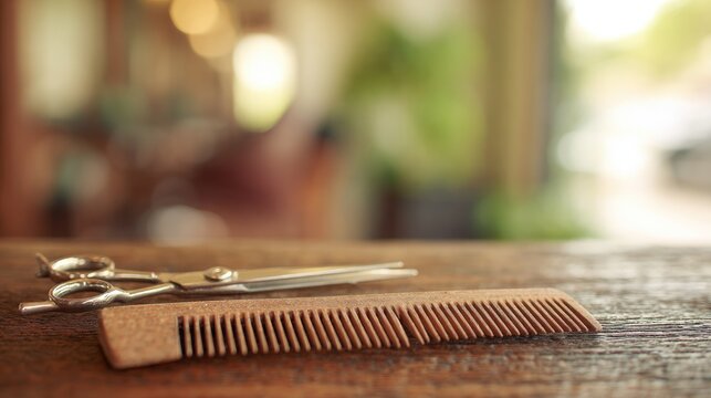 Scissors and comb on wooden surface next to styling cape, shallow depth of field with blurred salon background, professional lighting