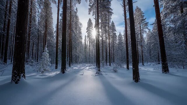 Snowy forest timelapse light filters through trees with shadows gently moving across landscape