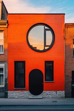 A vibrant, bright red building featuring charming round windows and an elegant black door stands proudly among other structures on a street bathed in the warm, golden hues of sunset