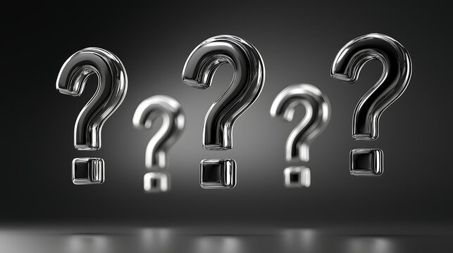 Five clear question marks in a row on a dark background