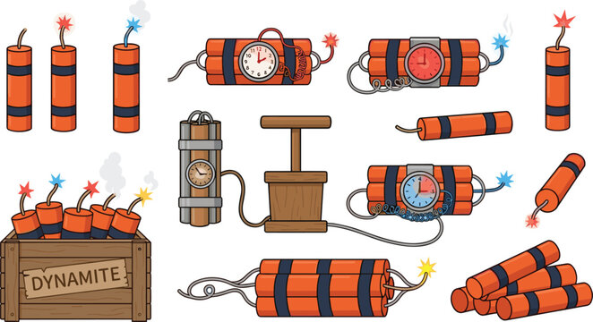 Explosive dynamite stick and tnt bomb vector set featuring cartoon mining detonate plunger and timer countdown clock elements collection.