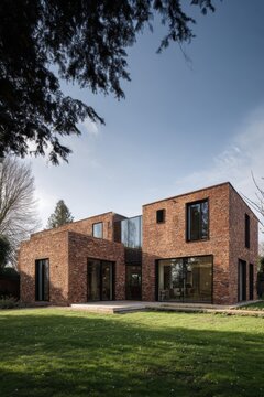 A contemporary home showcasing a striking red brick exterior, complemented by expansive glass windows, is situated within a lush green yard beneath a bright, clear sky