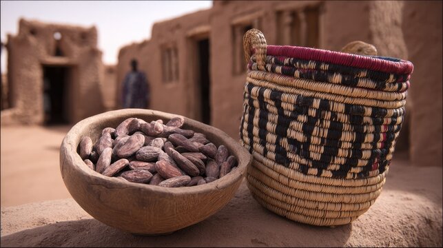 Authentic West African mud cloth textile on sun-drenched doorstep with raw shea nuts in wooden bowl and handwoven basket, natural daylight