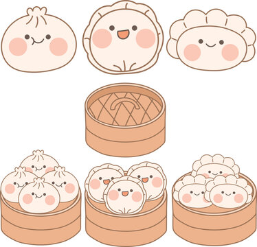 Cute dumpling character and bamboo steamer sticker vector set, Asian food mascot illustration