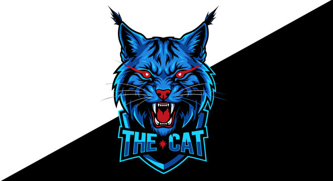 Vector illustration of a fierce blue lynx head with pointed ear tufts and intense gaze, stylized predator mascot design isolated on white background for logo or branding use.
