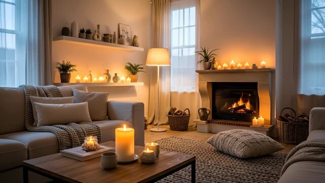 Cozy living room illuminated by warm candlelight and a crackling fireplace.