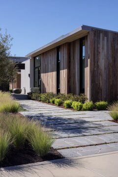 A contemporary home featuring warm wooden accents and a charming stone pathway, all beautifully enveloped by lush green plants under a bright, sunny sky