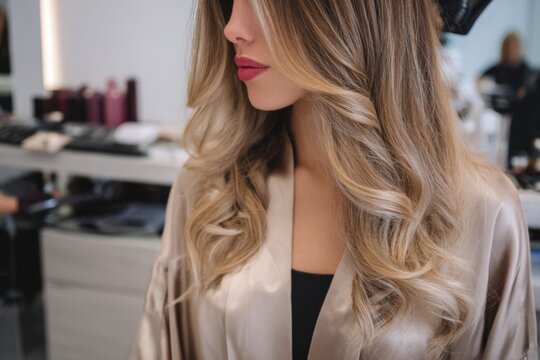A woman with long hair sits in a chic salon, enjoying her hair appointment as a stylist expertly creates a beautiful new look in a trendy setting