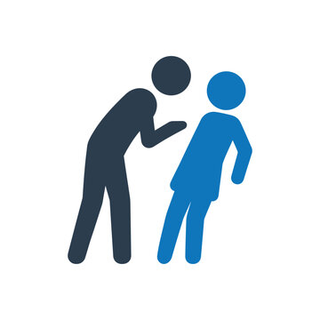 Man leaning close to whisper at a woman, verbal sexual harassment icon