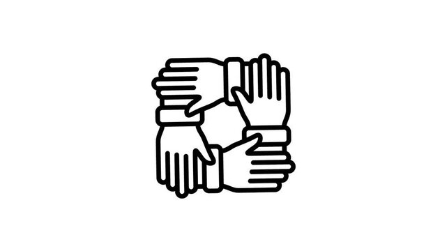 4 hands for team working together, teamwork, collaboration, cooperation, partnership, co-worker, alliance, help, support, community, connection animated icon. 4K video with alpha channel