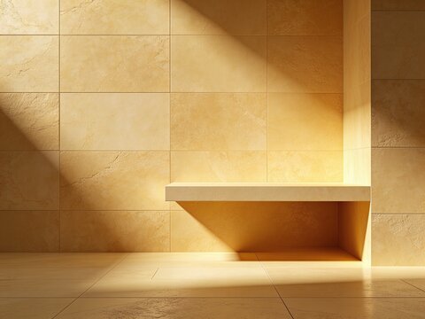 Photography of a blank warm travertine wall with a sleek recessed architectural shelf copy space