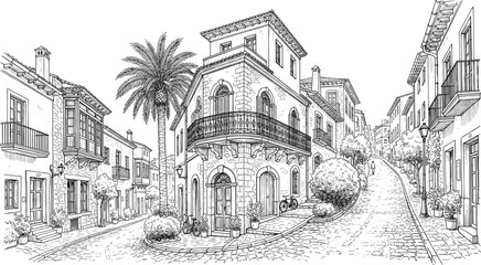Fototapeta premium Mediterranean old town street scene line art illustration featuring traditional stone buildings balconies palm tree and cobblestone road
