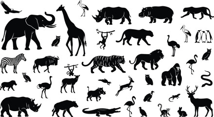 Obraz premium Large safari and jungle wildlife animal silhouettes set with african mammals birds and reptiles isolated vector graphic template