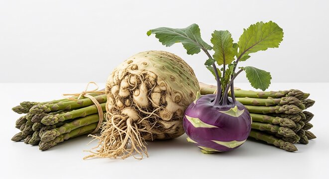 Fresh seasonal vegetables celeriac kohlrabi and asparagus on white background.