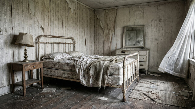 Abandoned hotel room with dusty bed and peeling wallpaper for Halloween  