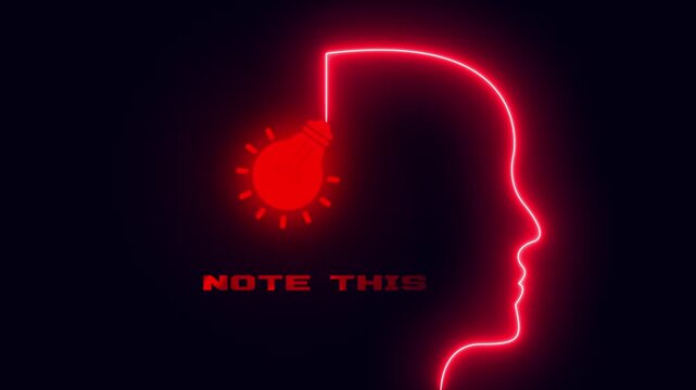 Note this critical focus and memory concept featuring glowing red neon head outline with illuminated light bulb
