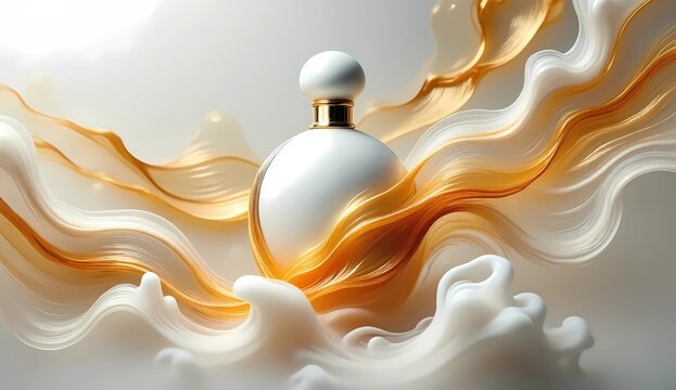 Luxury White and Gold Perfume Bottle with Silky Liquid Splash Background